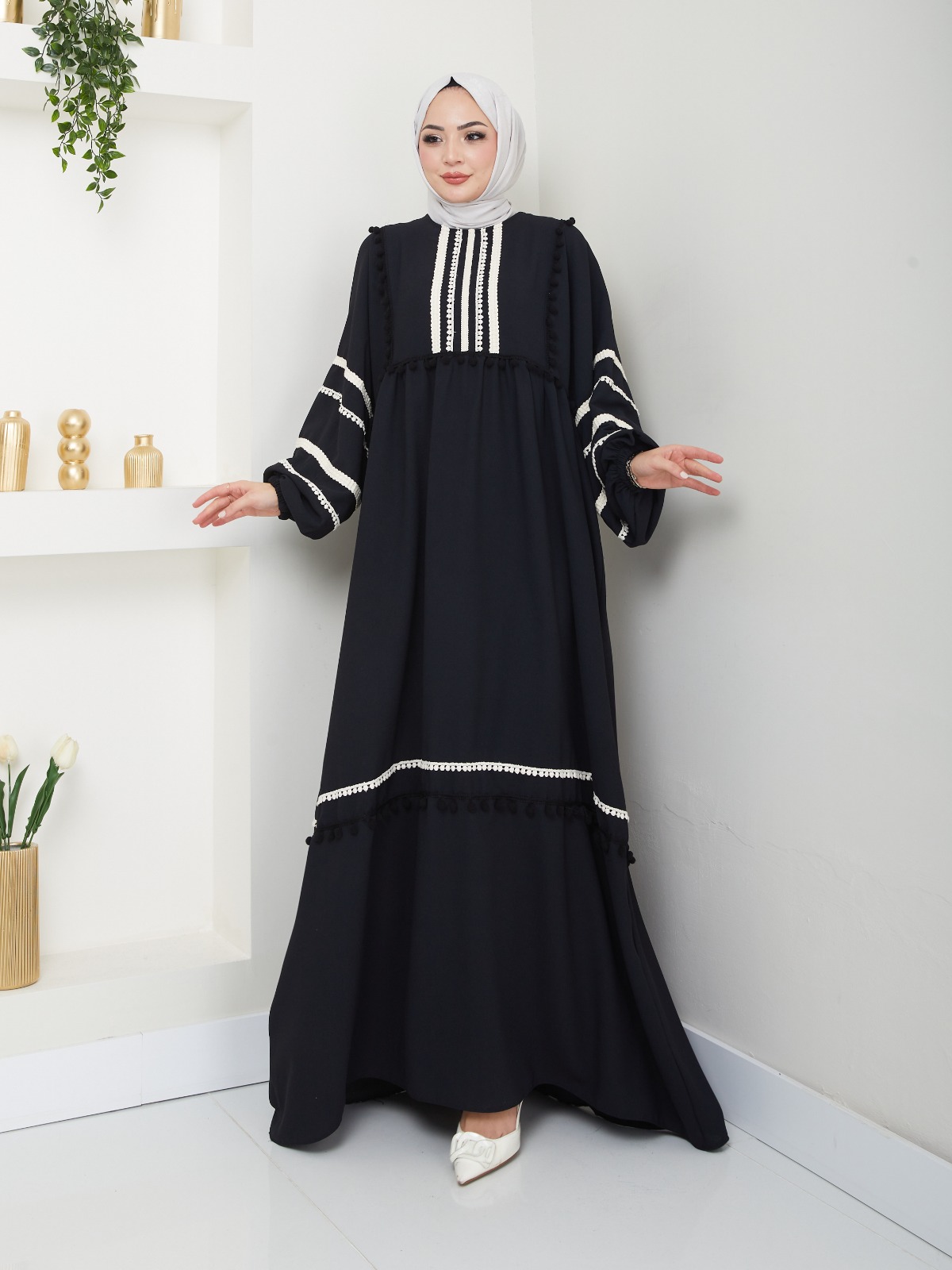 KADIN TESETTÜR DANTELLİ ŞERİT ELBİSE TAŞ Siyah2