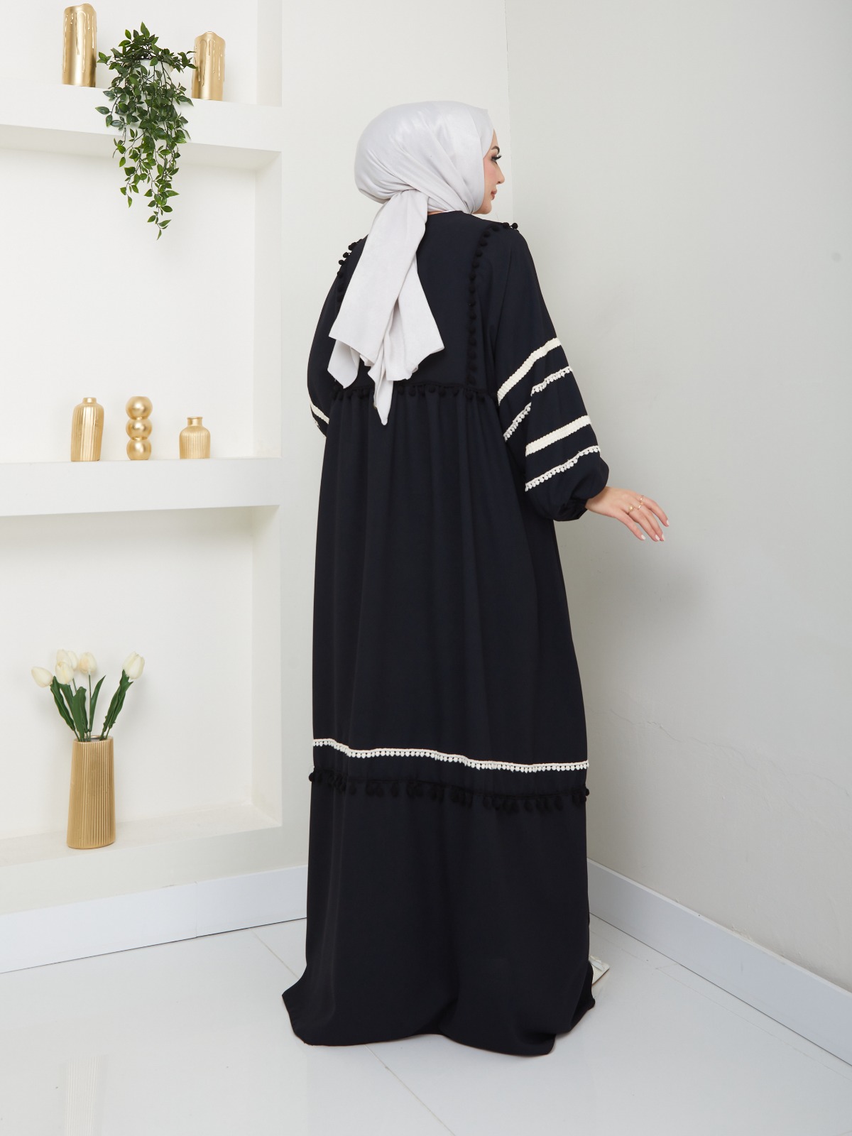 KADIN TESETTÜR DANTELLİ ŞERİT ELBİSE TAŞ Siyah3