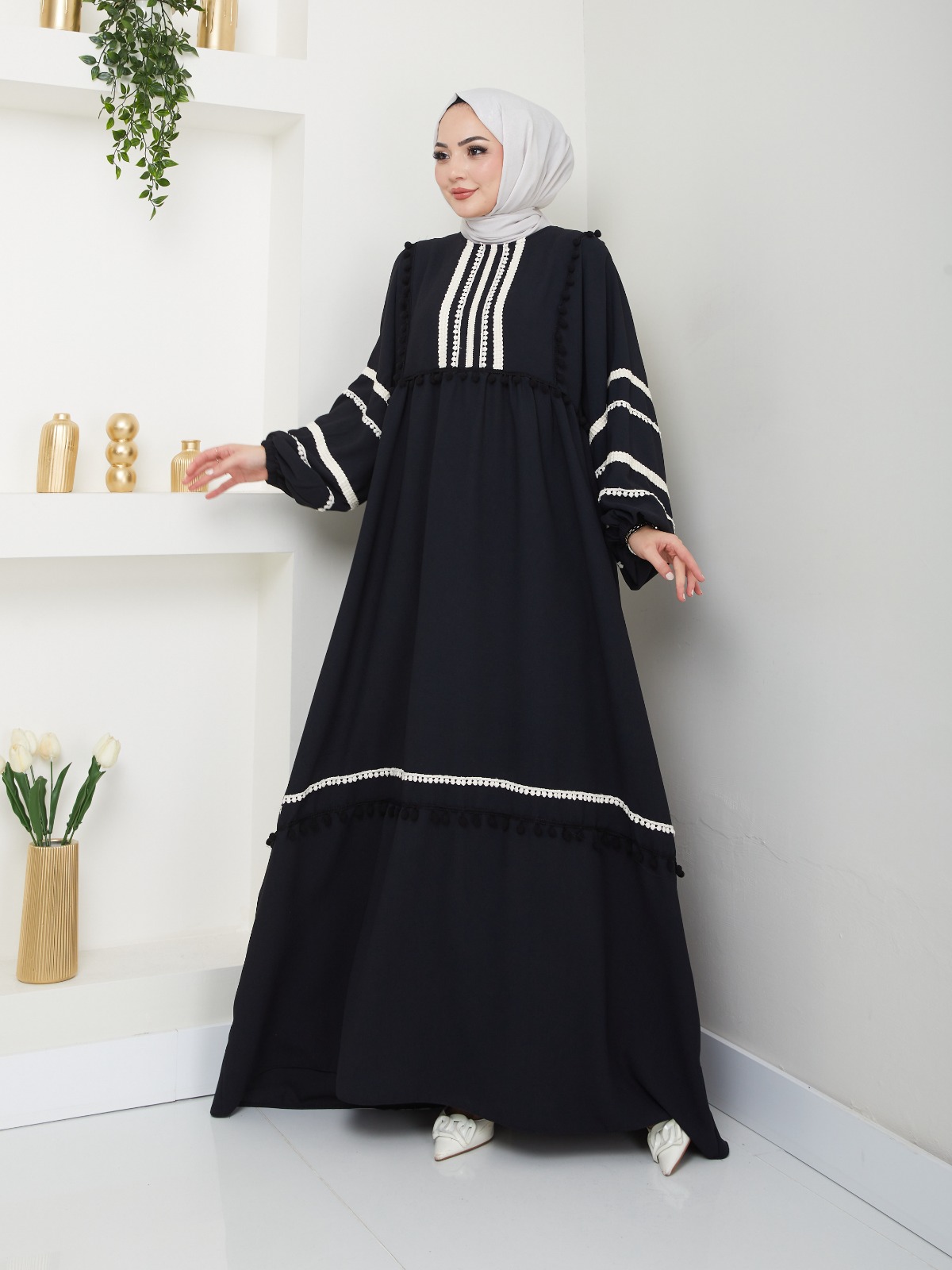 KADIN TESETTÜR DANTELLİ ŞERİT ELBİSE TAŞ Siyah6